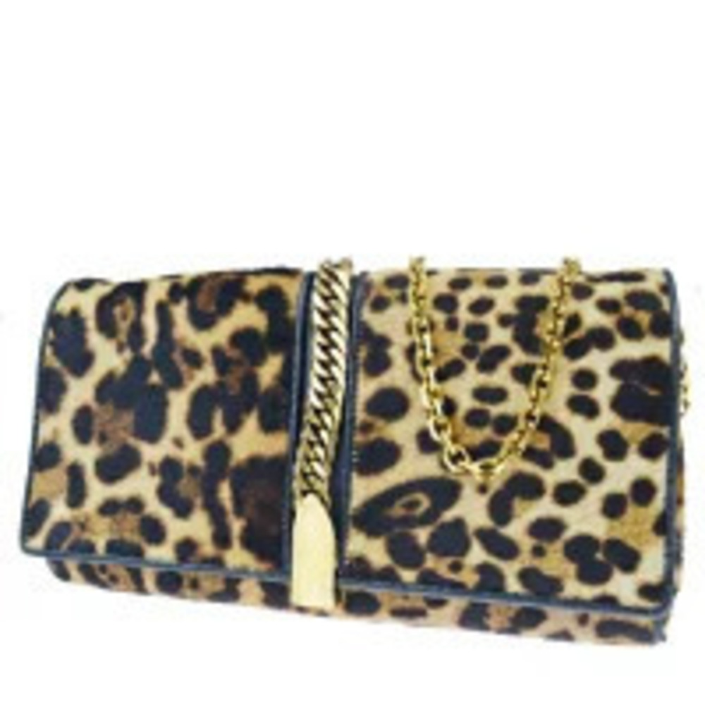 Christian Louboutin Chain Shoulder Bag Clutch Leopard Brown Calfskin